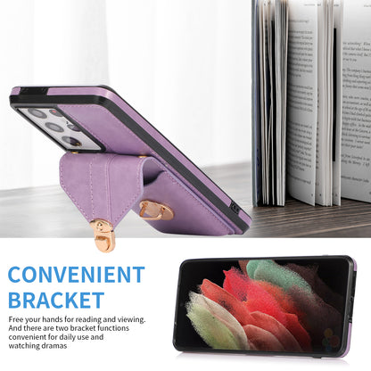 Phone Cover for Samsung Galaxy S22 Ultra 5G Card Holder Kickstand PU Leather+TPU Case with Shoulder Strap