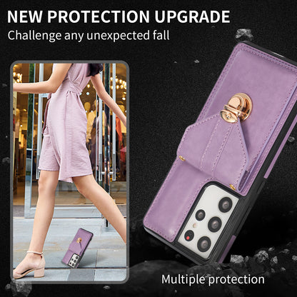 Phone Cover for Samsung Galaxy S22 Ultra 5G Card Holder Kickstand PU Leather+TPU Case with Shoulder Strap