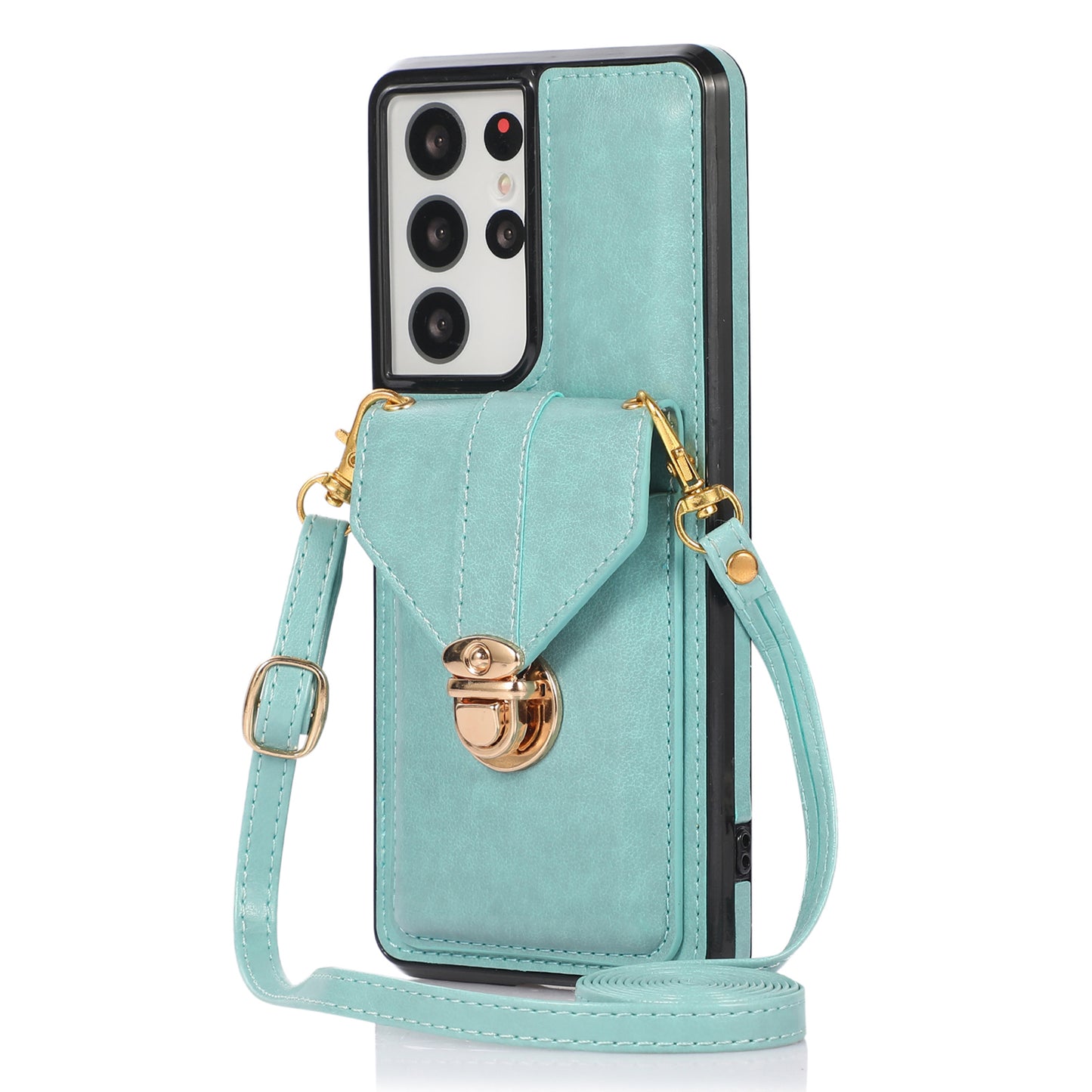 Phone Cover for Samsung Galaxy S22 Ultra 5G Card Holder Kickstand PU Leather+TPU Case with Shoulder Strap
