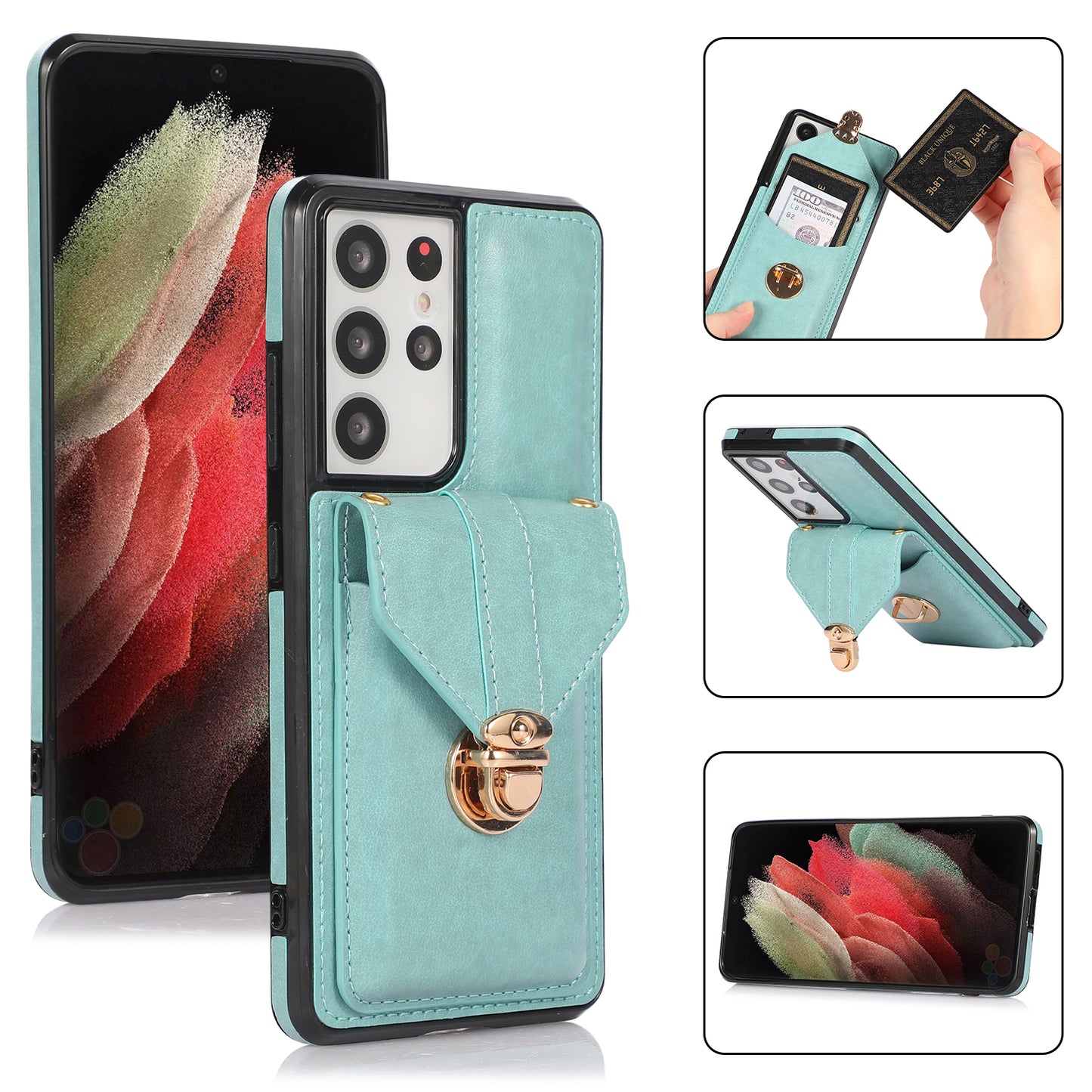 Phone Cover for Samsung Galaxy S22 Ultra 5G Card Holder Kickstand PU Leather+TPU Case with Shoulder Strap