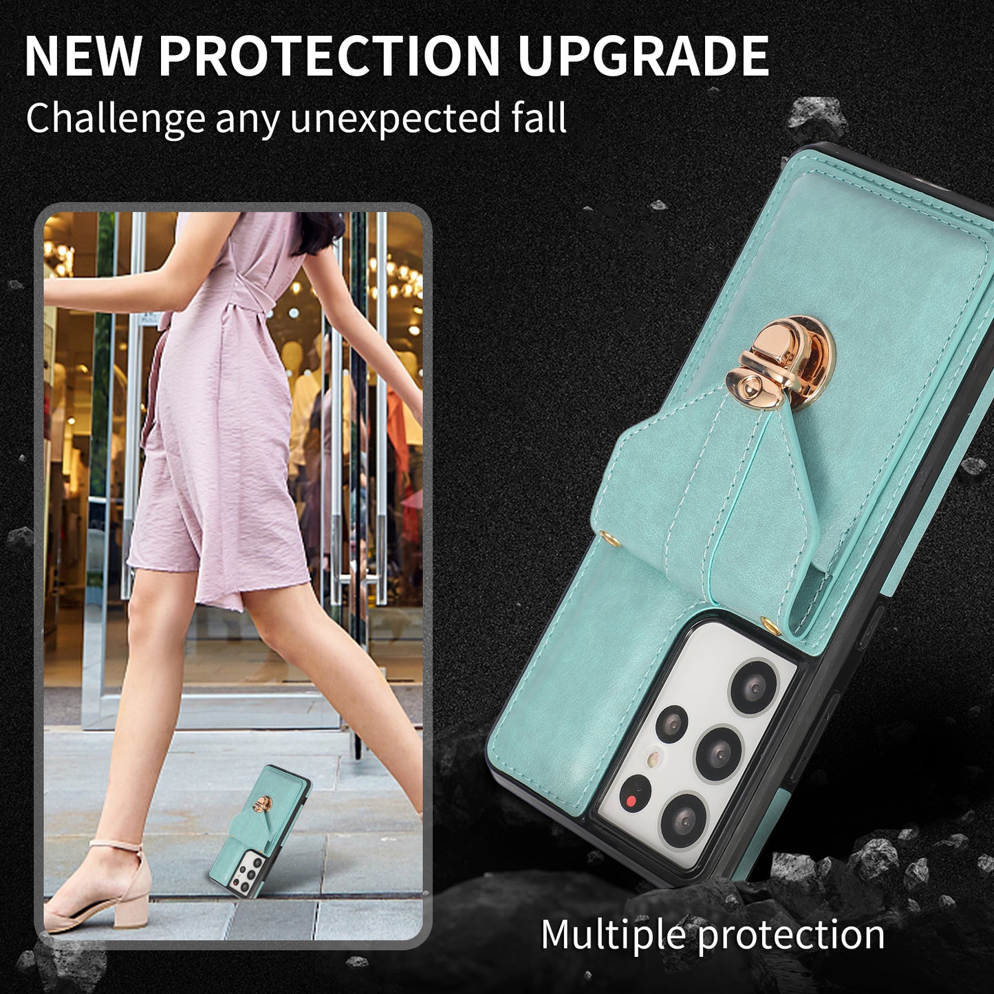 Phone Cover for Samsung Galaxy S22 Ultra 5G Card Holder Kickstand PU Leather+TPU Case with Shoulder Strap