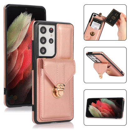 Phone Cover for Samsung Galaxy S22 Ultra 5G Card Holder Kickstand PU Leather+TPU Case with Shoulder Strap