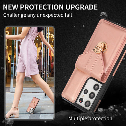 Phone Cover for Samsung Galaxy S22 Ultra 5G Card Holder Kickstand PU Leather+TPU Case with Shoulder Strap