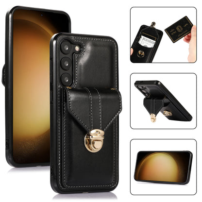 Phone Cover for Samsung Galaxy S23+ PU Leather+TPU Card Holder Kickstand Case with Shoulder Strap