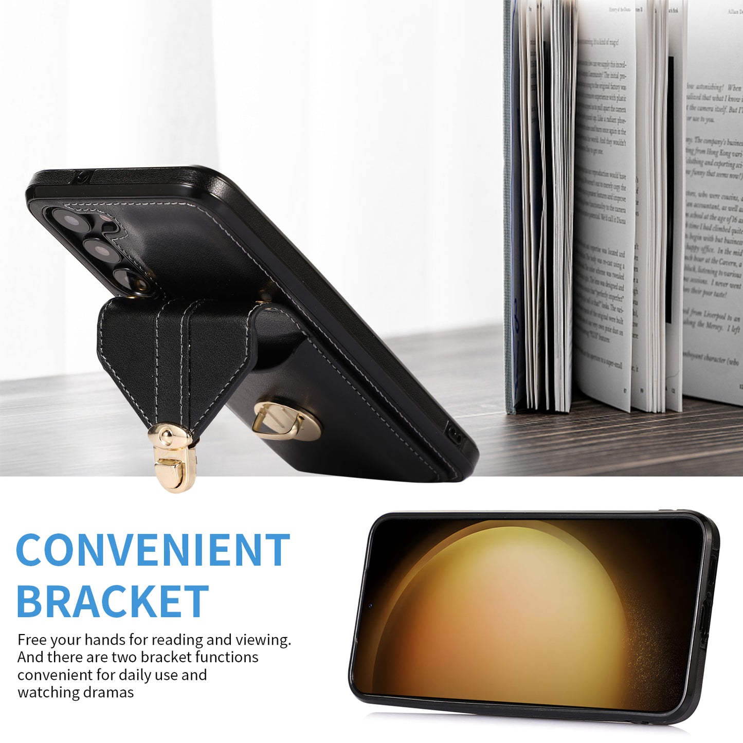 Phone Cover for Samsung Galaxy S23+ PU Leather+TPU Card Holder Kickstand Case with Shoulder Strap