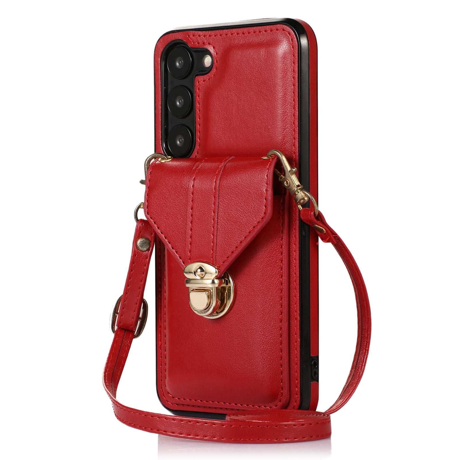 Phone Cover for Samsung Galaxy S23+ PU Leather+TPU Card Holder Kickstand Case with Shoulder Strap