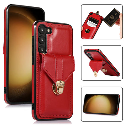 Phone Cover for Samsung Galaxy S23+ PU Leather+TPU Card Holder Kickstand Case with Shoulder Strap