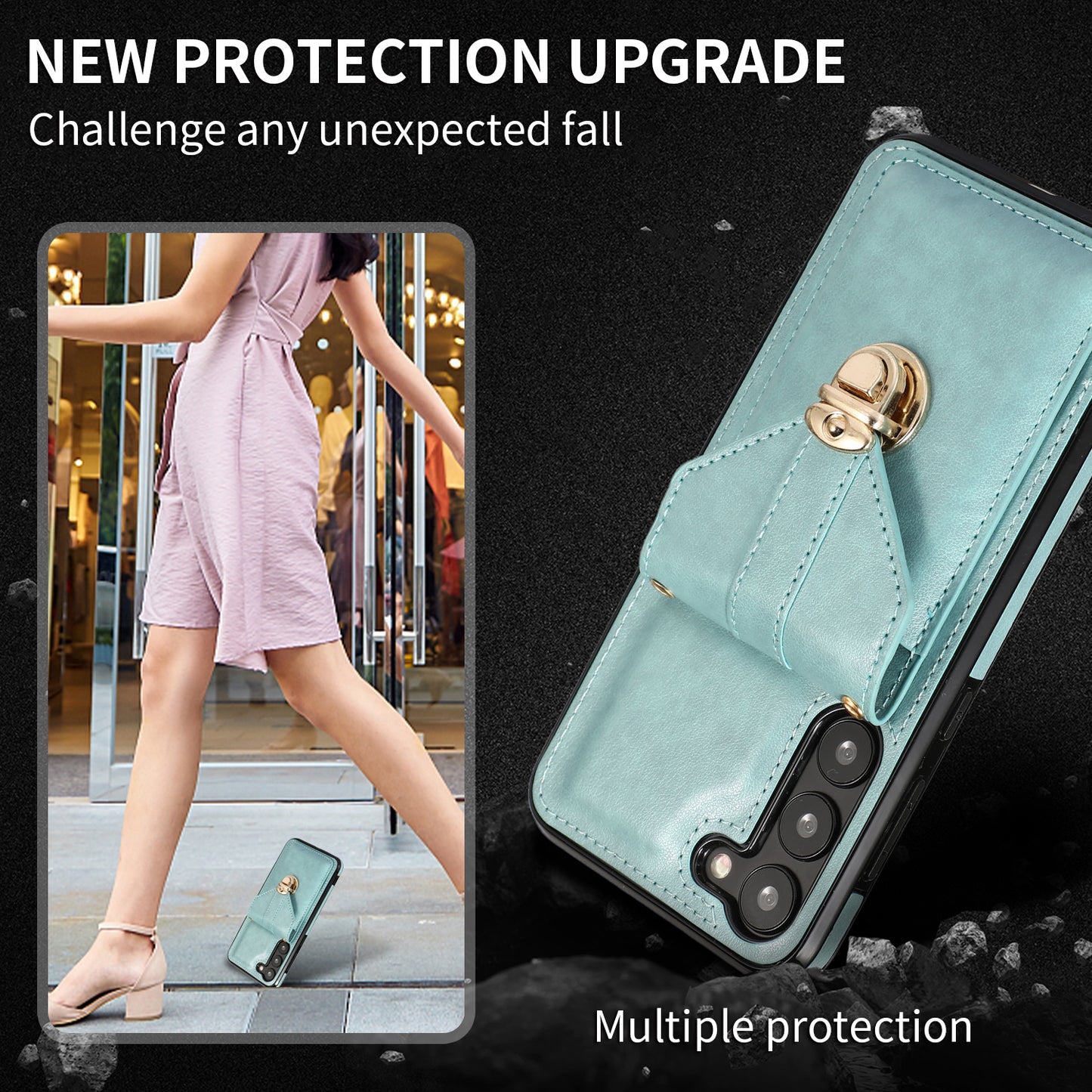 Phone Cover for Samsung Galaxy S23+ PU Leather+TPU Card Holder Kickstand Case with Shoulder Strap