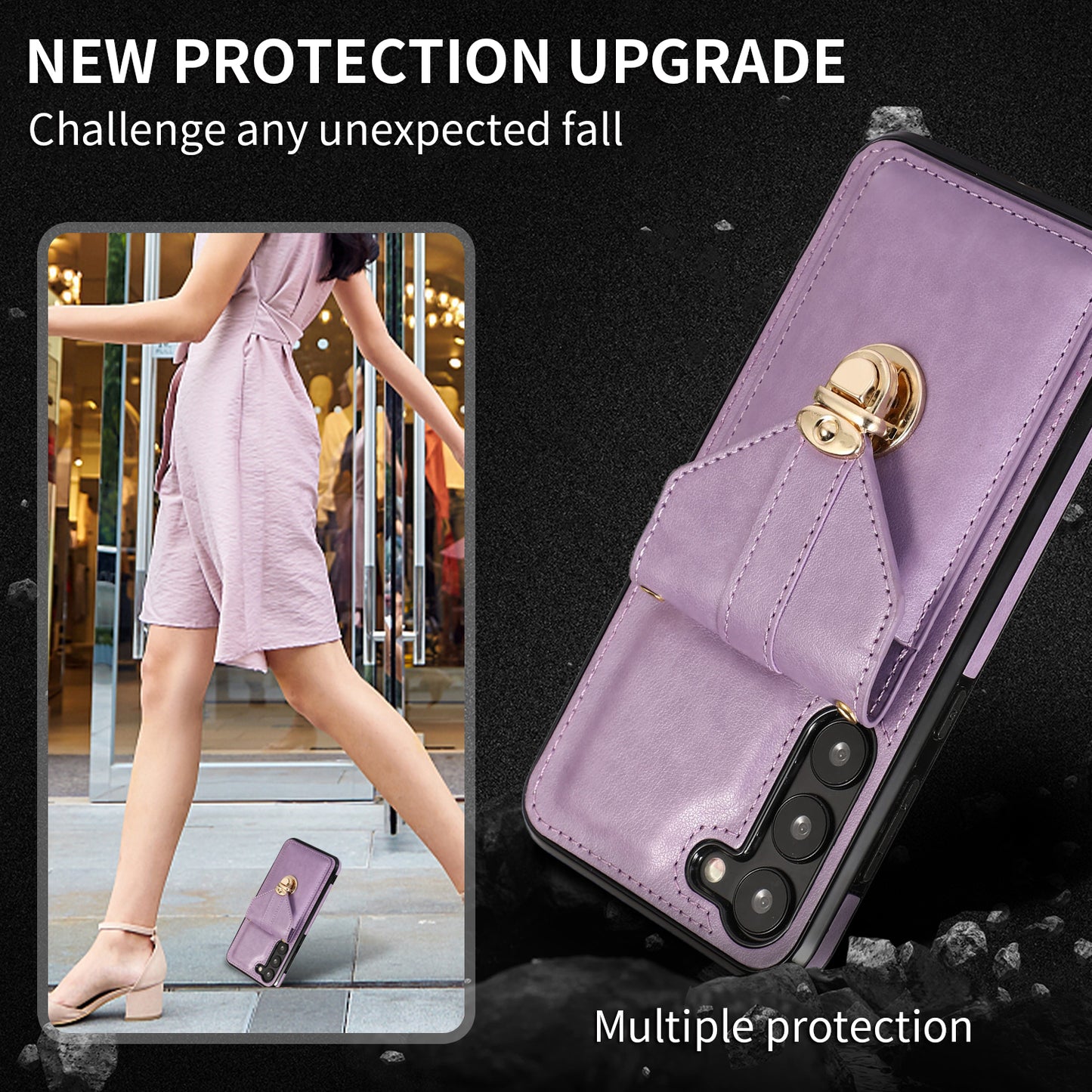 Phone Cover for Samsung Galaxy S23+ PU Leather+TPU Card Holder Kickstand Case with Shoulder Strap