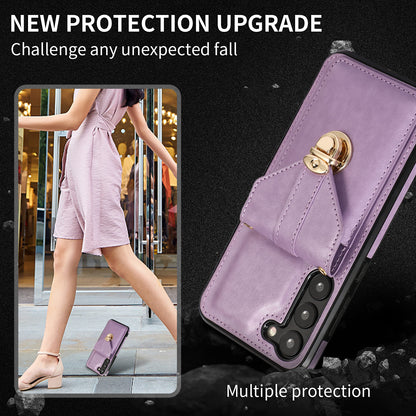 Phone Cover for Samsung Galaxy S23+ PU Leather+TPU Card Holder Kickstand Case with Shoulder Strap