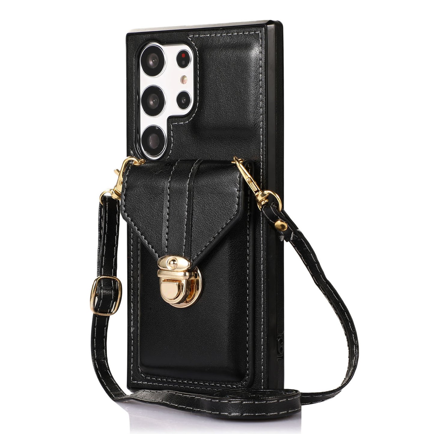 For Samsung Galaxy S23 Ultra Card Holder Phone Cover Kickstand PU Leather+TPU Case with Shoulder Strap