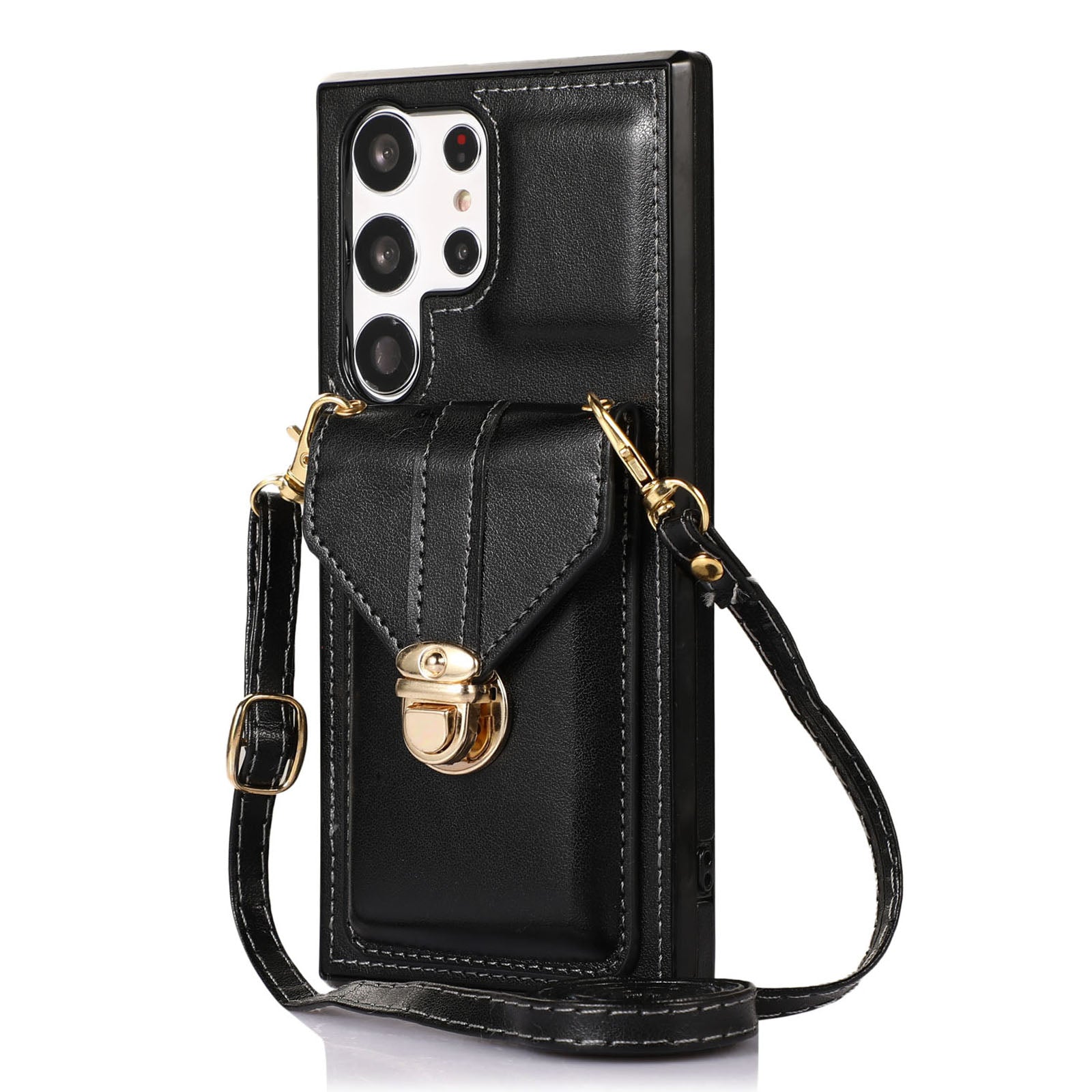 For Samsung Galaxy S23 Ultra Card Holder Phone Cover Kickstand PU Leather+TPU Case with Shoulder Strap