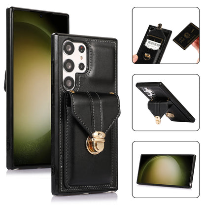 For Samsung Galaxy S23 Ultra Card Holder Phone Cover Kickstand PU Leather+TPU Case with Shoulder Strap