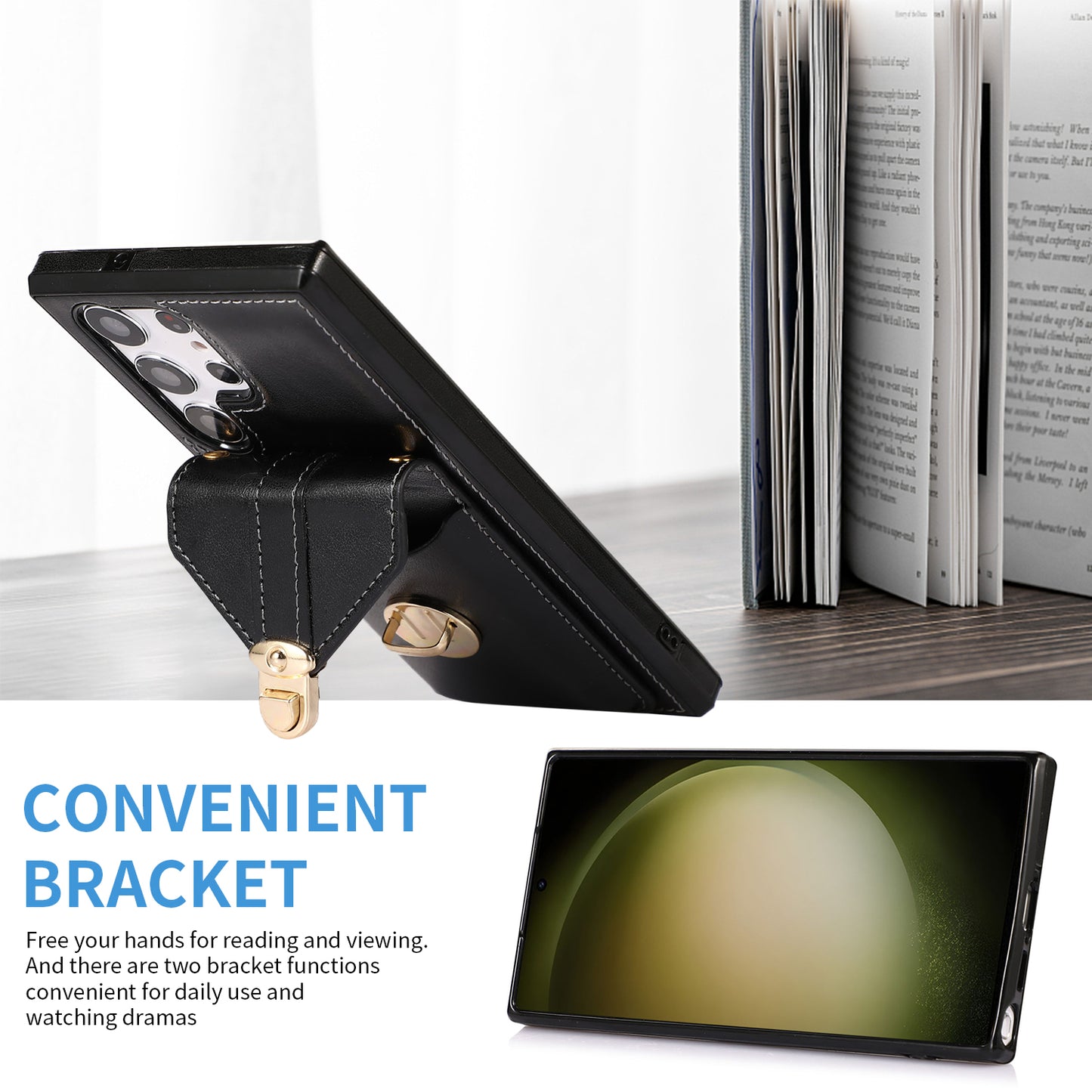 For Samsung Galaxy S23 Ultra Card Holder Phone Cover Kickstand PU Leather+TPU Case with Shoulder Strap