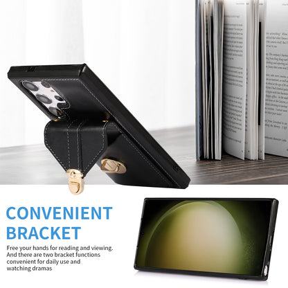 For Samsung Galaxy S23 Ultra Card Holder Phone Cover Kickstand PU Leather+TPU Case with Shoulder Strap