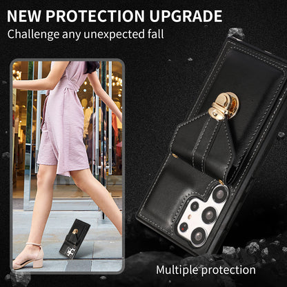 For Samsung Galaxy S23 Ultra Card Holder Phone Cover Kickstand PU Leather+TPU Case with Shoulder Strap
