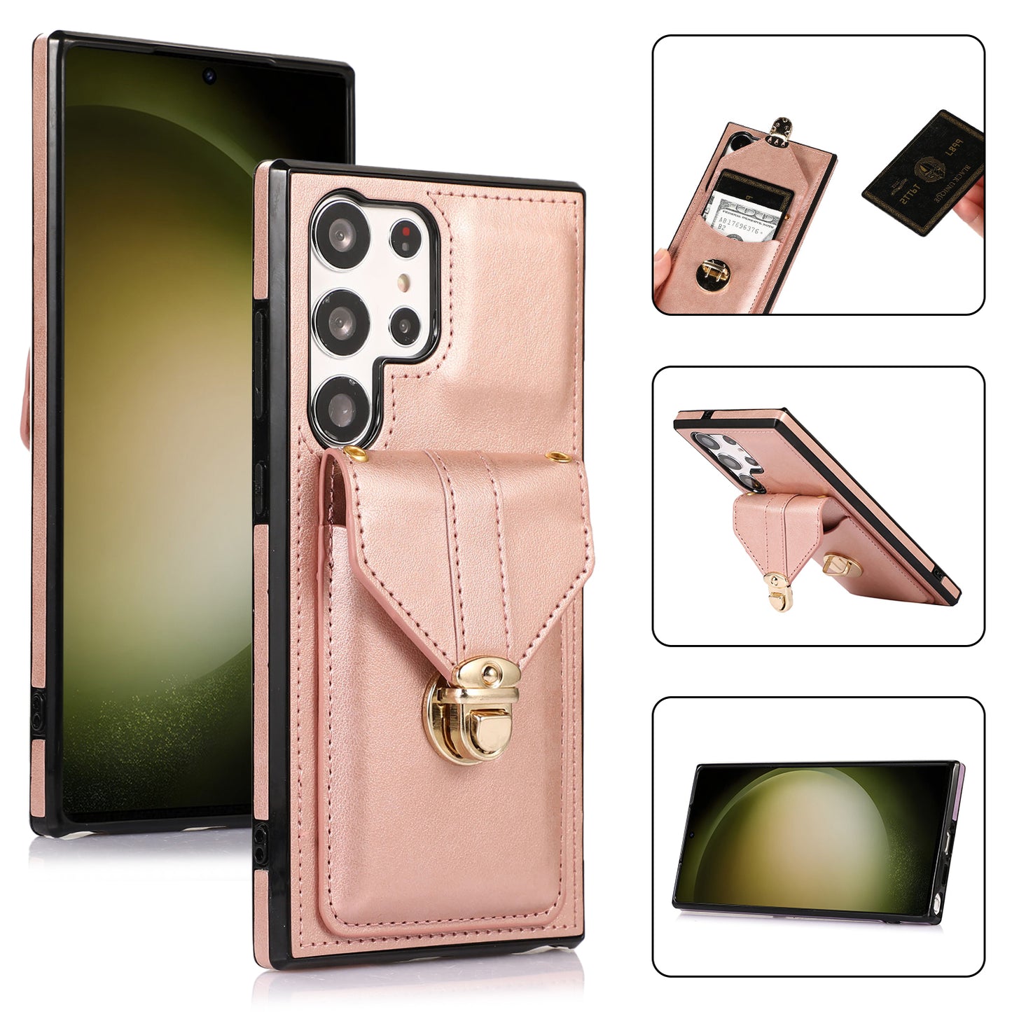 For Samsung Galaxy S23 Ultra Card Holder Phone Cover Kickstand PU Leather+TPU Case with Shoulder Strap