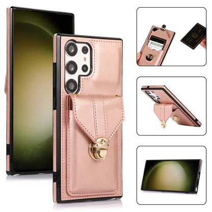 For Samsung Galaxy S23 Ultra Card Holder Phone Cover Kickstand PU Leather+TPU Case with Shoulder Strap