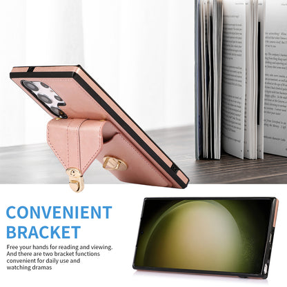 For Samsung Galaxy S23 Ultra Card Holder Phone Cover Kickstand PU Leather+TPU Case with Shoulder Strap