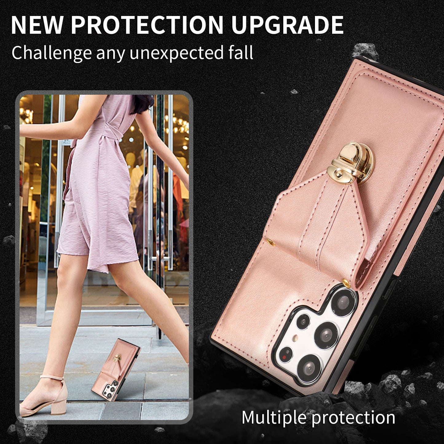 For Samsung Galaxy S23 Ultra Card Holder Phone Cover Kickstand PU Leather+TPU Case with Shoulder Strap