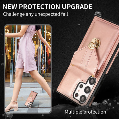 For Samsung Galaxy S23 Ultra Card Holder Phone Cover Kickstand PU Leather+TPU Case with Shoulder Strap
