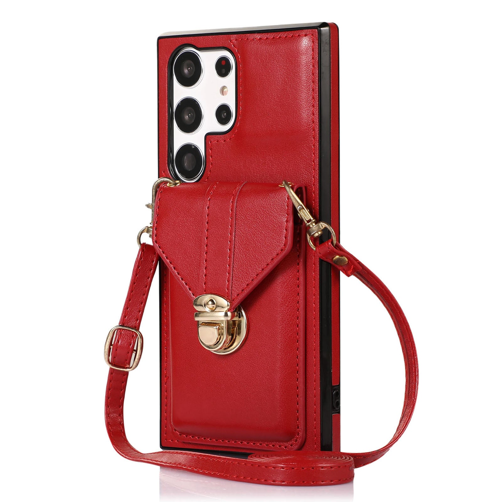 For Samsung Galaxy S23 Ultra Card Holder Phone Cover Kickstand PU Leather+TPU Case with Shoulder Strap