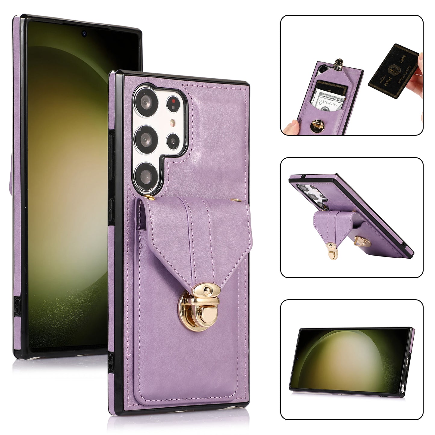 For Samsung Galaxy S23 Ultra Card Holder Phone Cover Kickstand PU Leather+TPU Case with Shoulder Strap