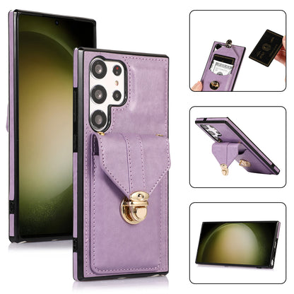 For Samsung Galaxy S23 Ultra Card Holder Phone Cover Kickstand PU Leather+TPU Case with Shoulder Strap