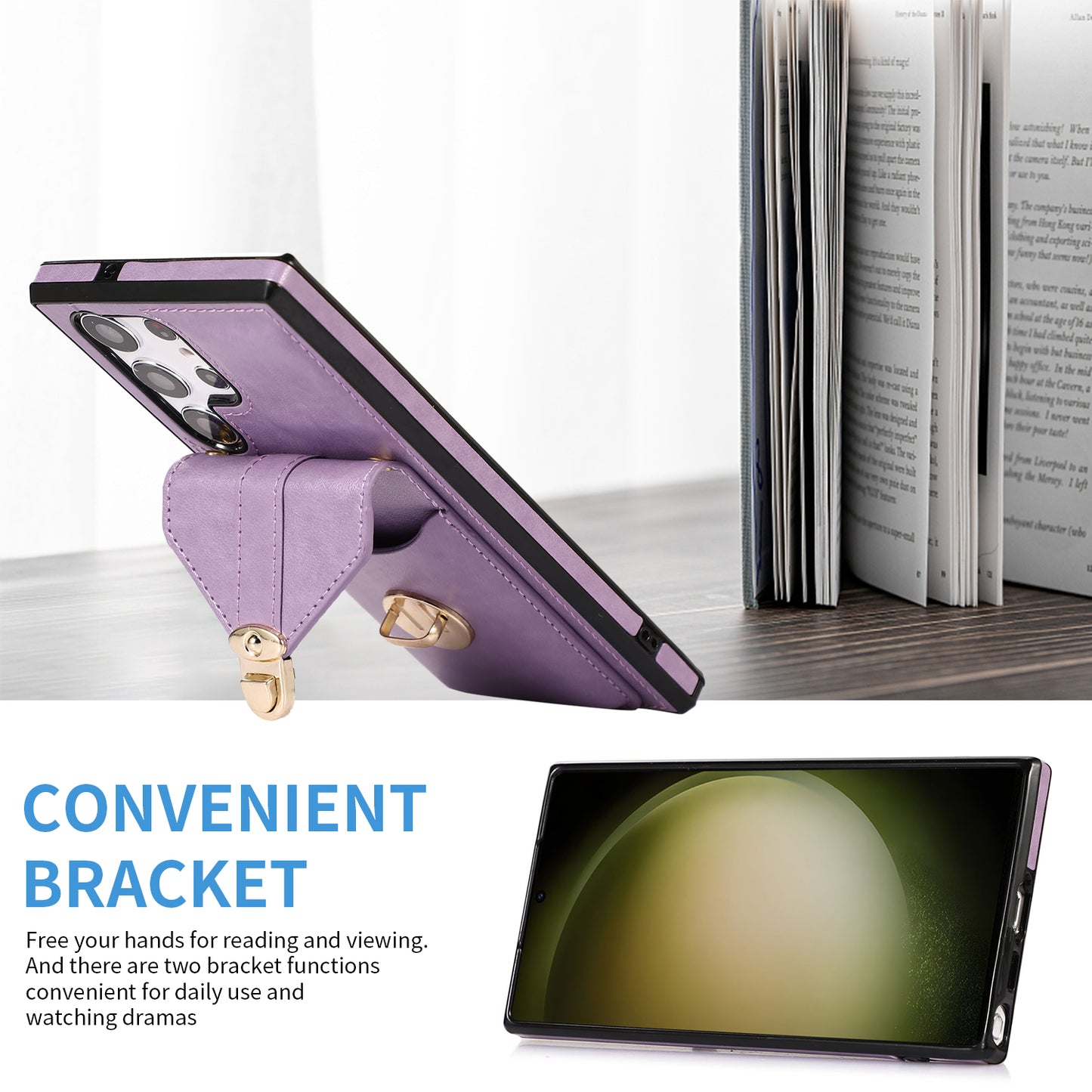 For Samsung Galaxy S23 Ultra Card Holder Phone Cover Kickstand PU Leather+TPU Case with Shoulder Strap