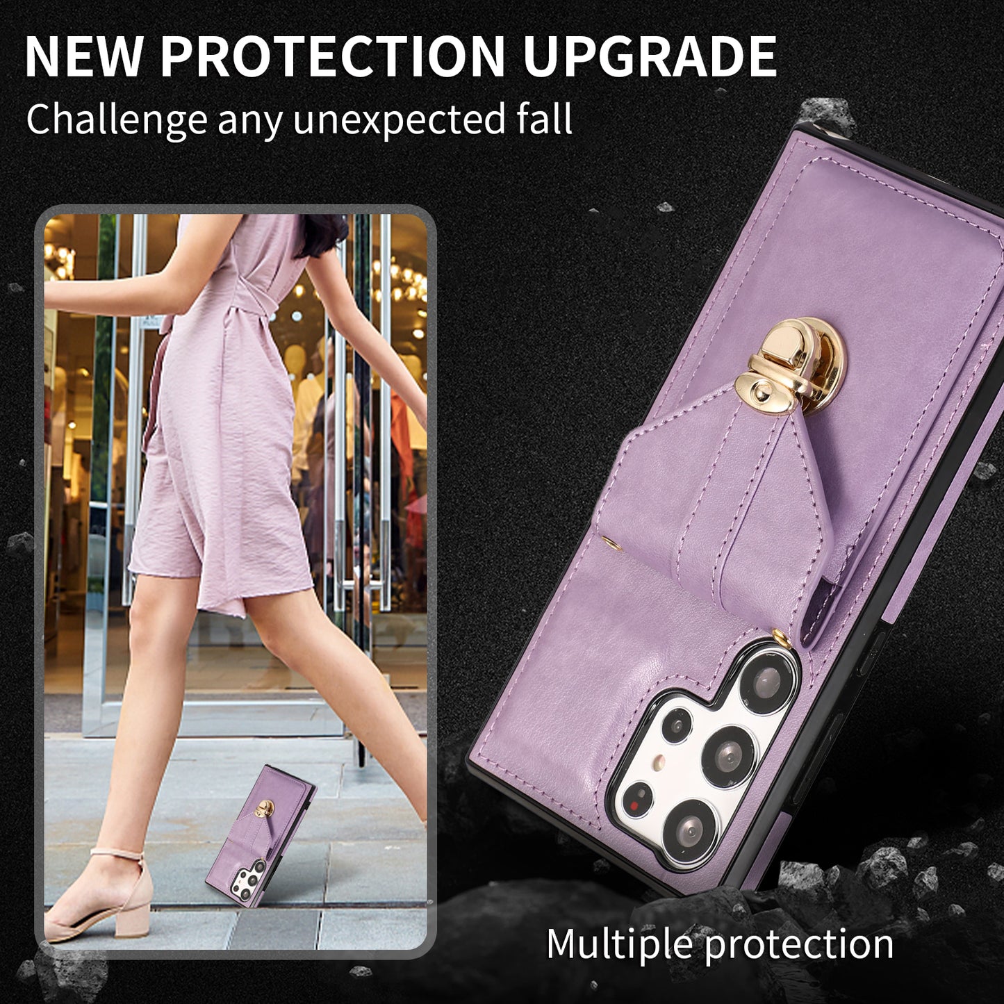 For Samsung Galaxy S23 Ultra Card Holder Phone Cover Kickstand PU Leather+TPU Case with Shoulder Strap