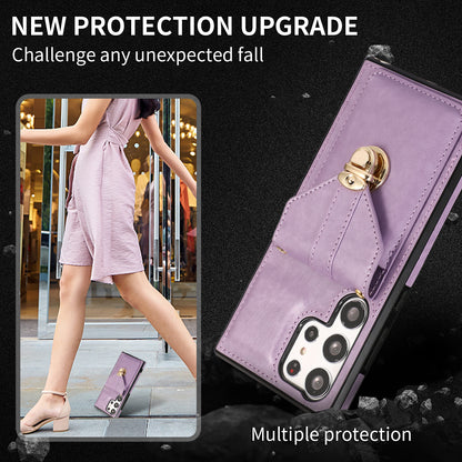 For Samsung Galaxy S23 Ultra Card Holder Phone Cover Kickstand PU Leather+TPU Case with Shoulder Strap