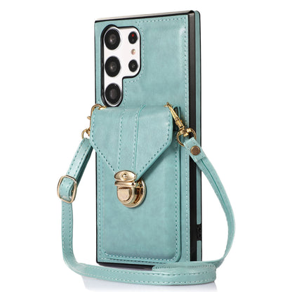 For Samsung Galaxy S23 Ultra Card Holder Phone Cover Kickstand PU Leather+TPU Case with Shoulder Strap
