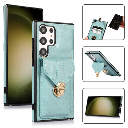 For Samsung Galaxy S23 Ultra Card Holder Phone Cover Kickstand PU Leather+TPU Case with Shoulder Strap