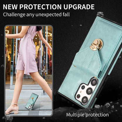 For Samsung Galaxy S23 Ultra Card Holder Phone Cover Kickstand PU Leather+TPU Case with Shoulder Strap