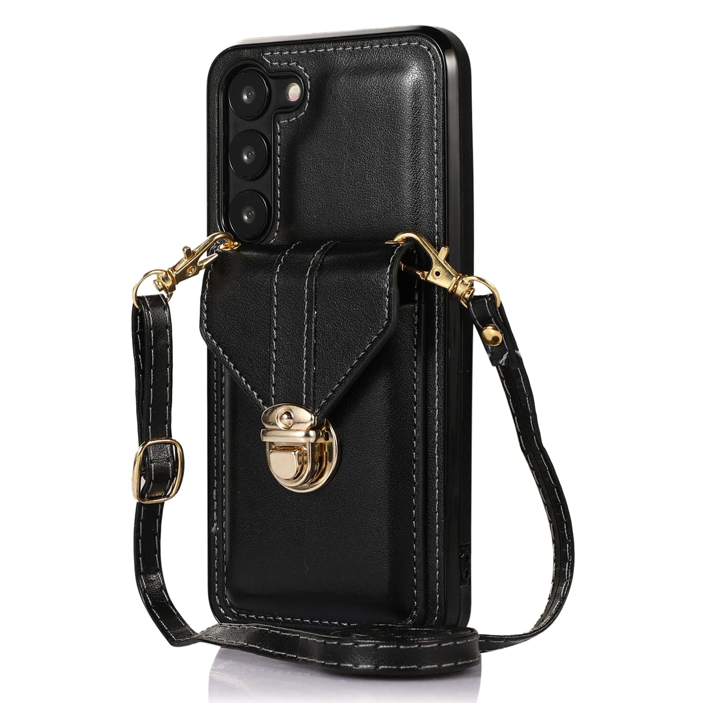 PU Leather+TPU Case for Samsung Galaxy S23 Card Holder Kickstand Phone Cover with Shoulder Strap