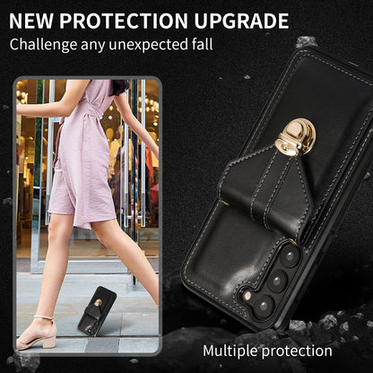 PU Leather+TPU Case for Samsung Galaxy S23 Card Holder Kickstand Phone Cover with Shoulder Strap