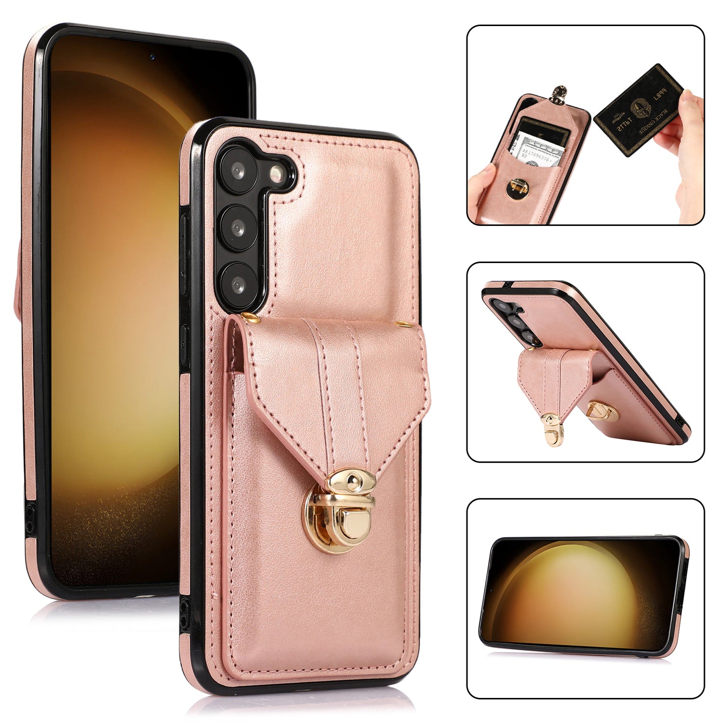 PU Leather+TPU Case for Samsung Galaxy S23 Card Holder Kickstand Phone Cover with Shoulder Strap