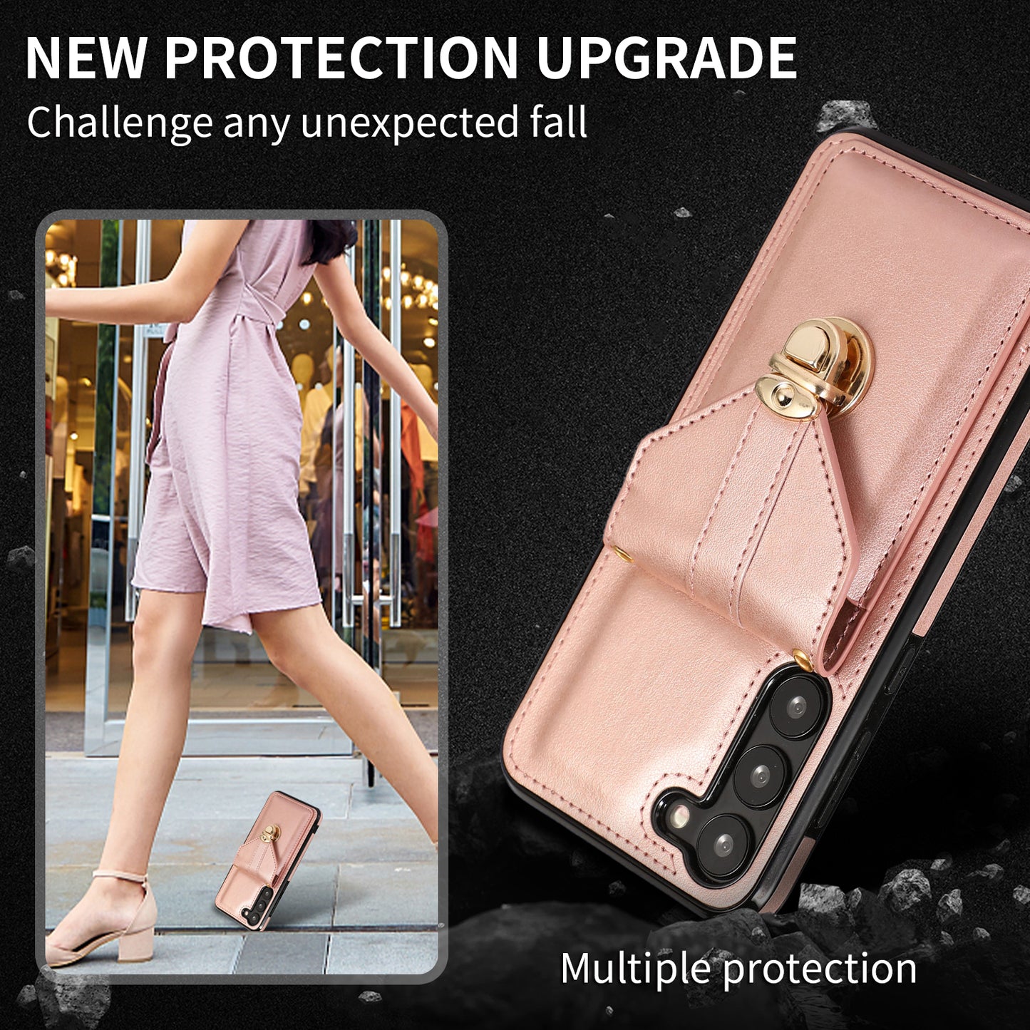 PU Leather+TPU Case for Samsung Galaxy S23 Card Holder Kickstand Phone Cover with Shoulder Strap