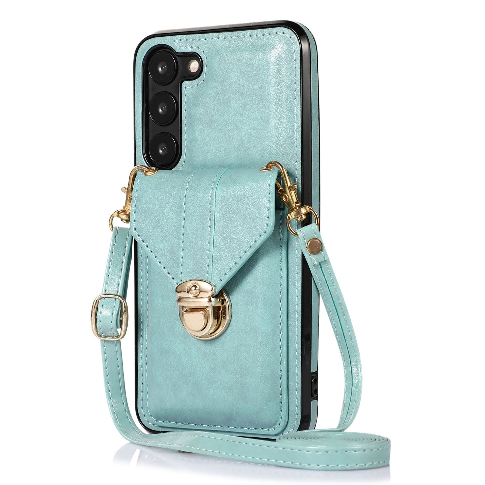 PU Leather+TPU Case for Samsung Galaxy S23 Card Holder Kickstand Phone Cover with Shoulder Strap