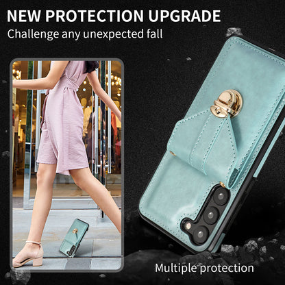 PU Leather+TPU Case for Samsung Galaxy S23 Card Holder Kickstand Phone Cover with Shoulder Strap