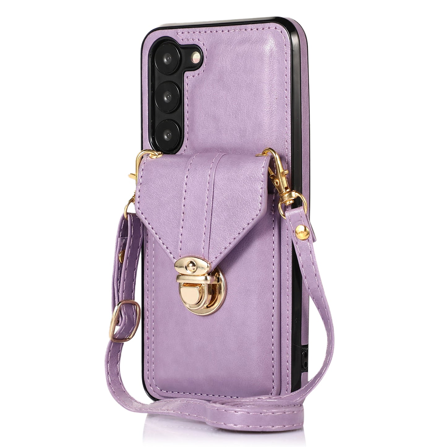 PU Leather+TPU Case for Samsung Galaxy S23 Card Holder Kickstand Phone Cover with Shoulder Strap