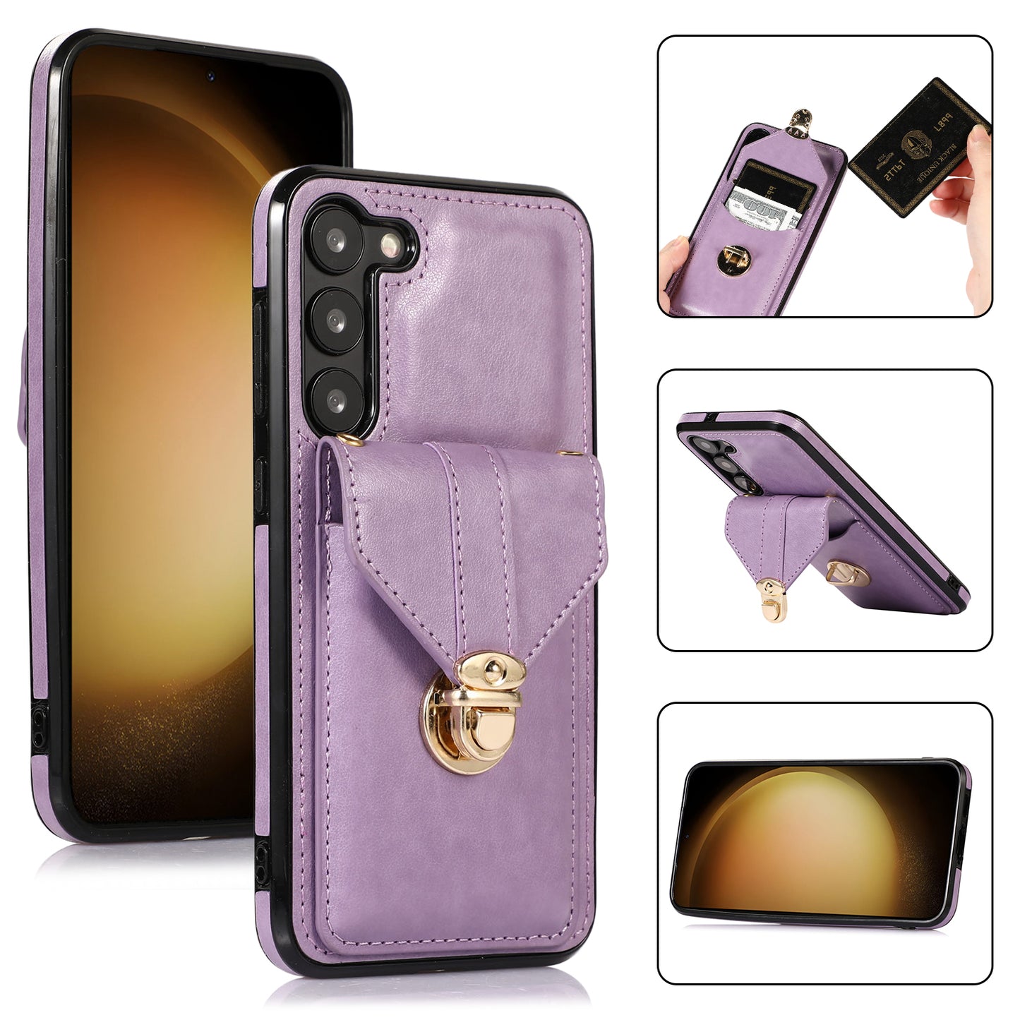 PU Leather+TPU Case for Samsung Galaxy S23 Card Holder Kickstand Phone Cover with Shoulder Strap