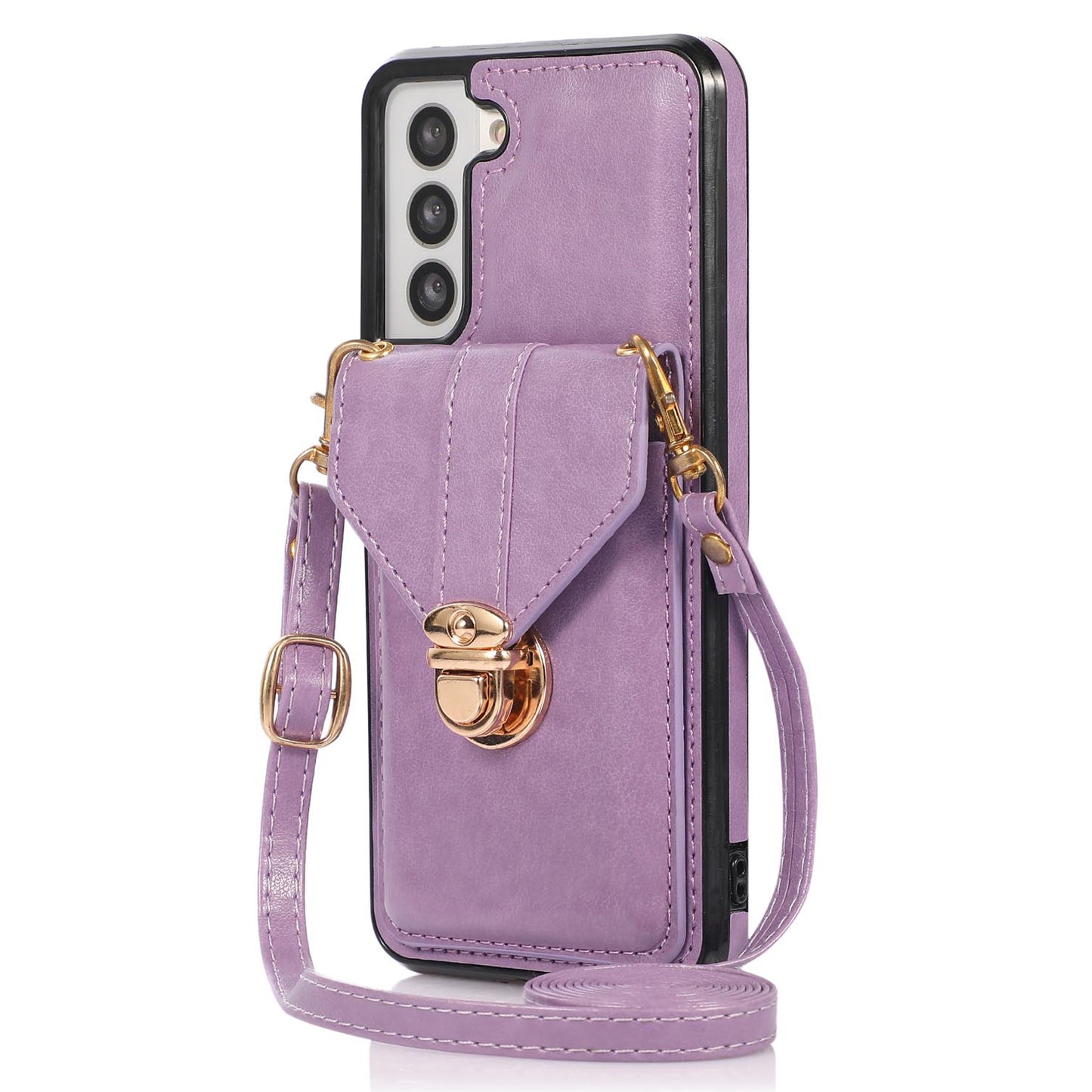 Card Holder Case for Samsung Galaxy S22+ 5G Kickstand PU Leather+TPU Phone Cover with Shoulder Strap