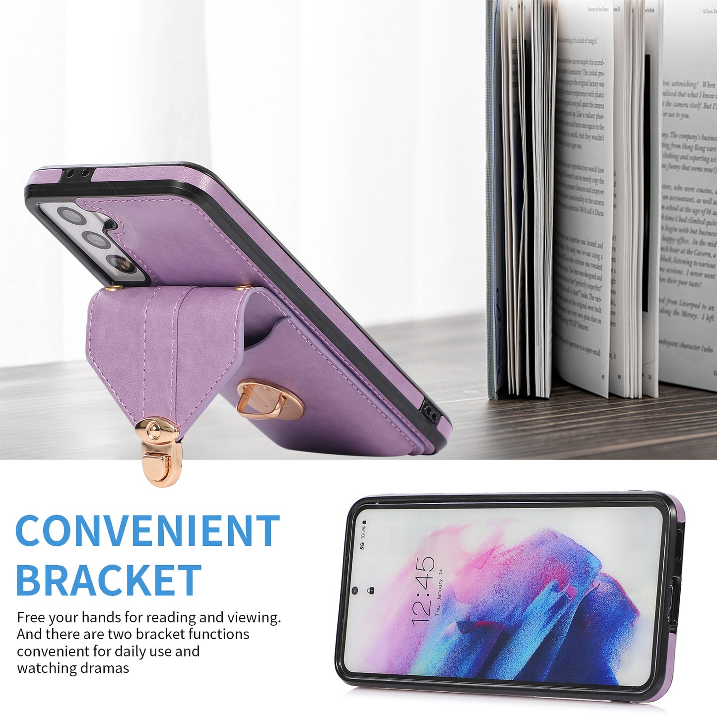 Card Holder Case for Samsung Galaxy S22+ 5G Kickstand PU Leather+TPU Phone Cover with Shoulder Strap
