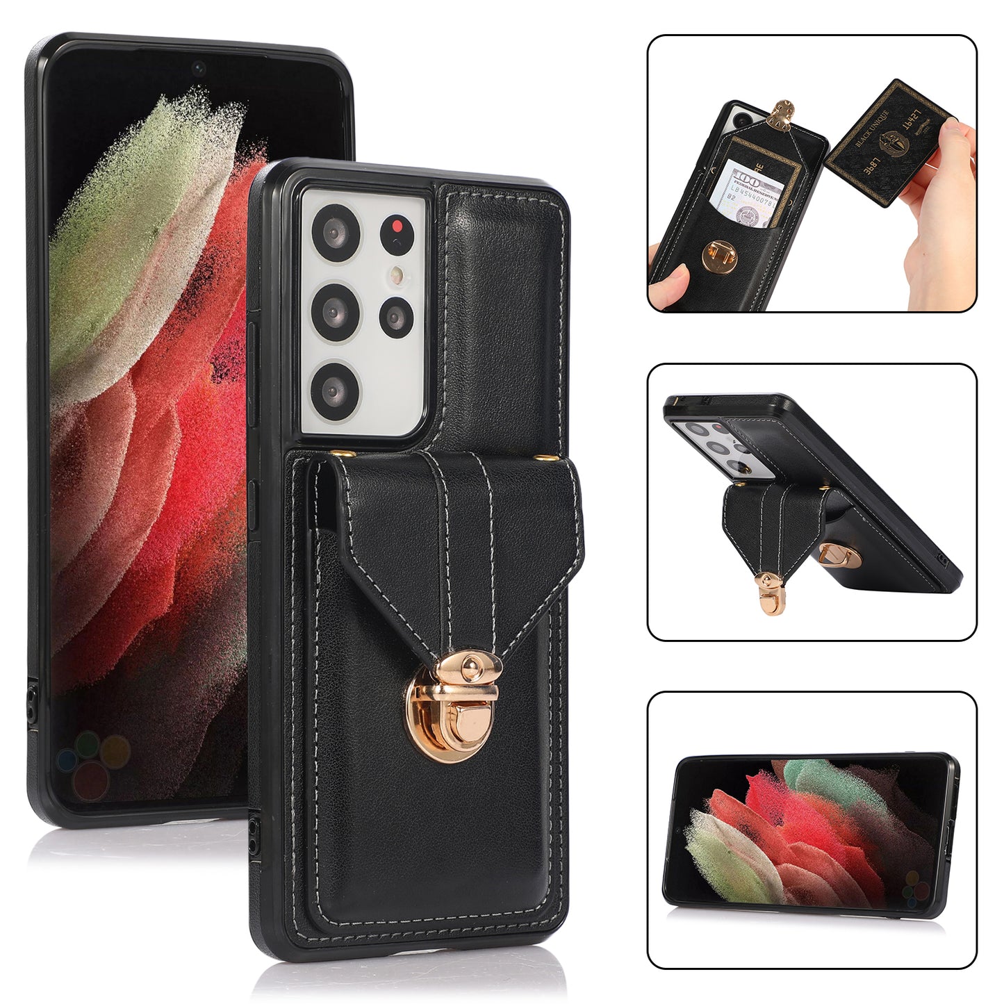 For Samsung Galaxy S21 Ultra 5G Card Holder Kickstand PU Leather+TPU Phone Cover with Shoulder Strap