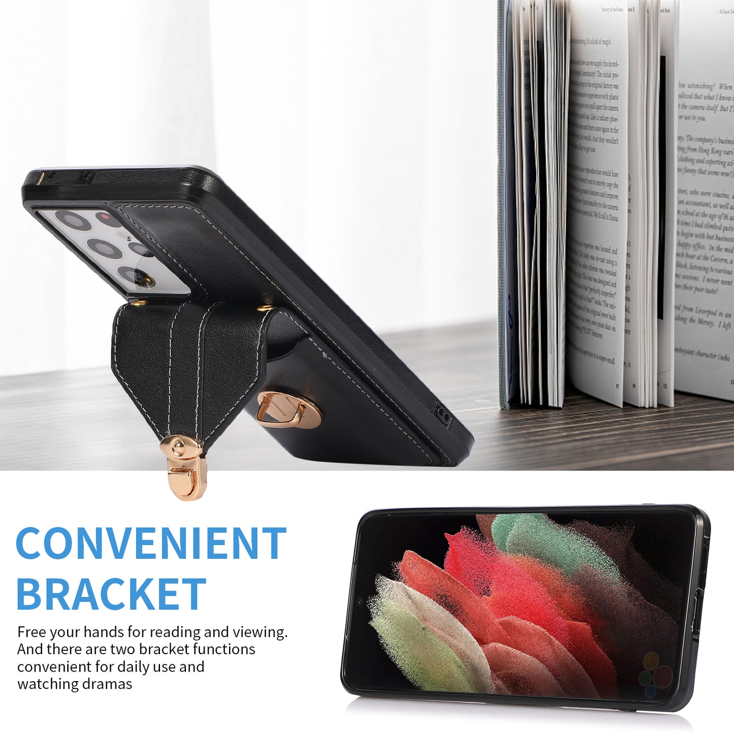For Samsung Galaxy S21 Ultra 5G Card Holder Kickstand PU Leather+TPU Phone Cover with Shoulder Strap