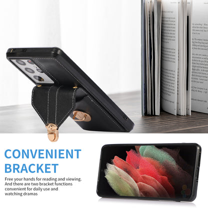For Samsung Galaxy S21 Ultra 5G Card Holder Kickstand PU Leather+TPU Phone Cover with Shoulder Strap