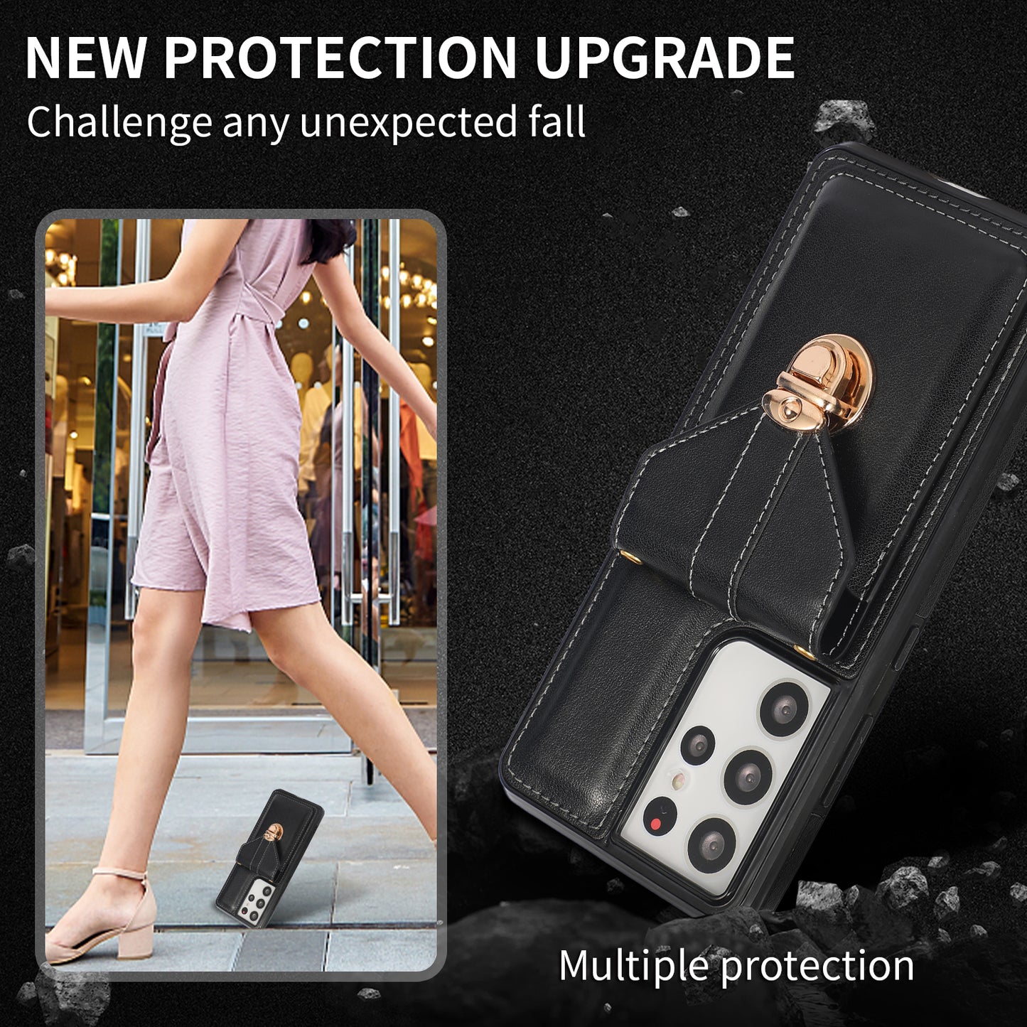 For Samsung Galaxy S21 Ultra 5G Card Holder Kickstand PU Leather+TPU Phone Cover with Shoulder Strap