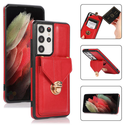 For Samsung Galaxy S21 Ultra 5G Card Holder Kickstand PU Leather+TPU Phone Cover with Shoulder Strap
