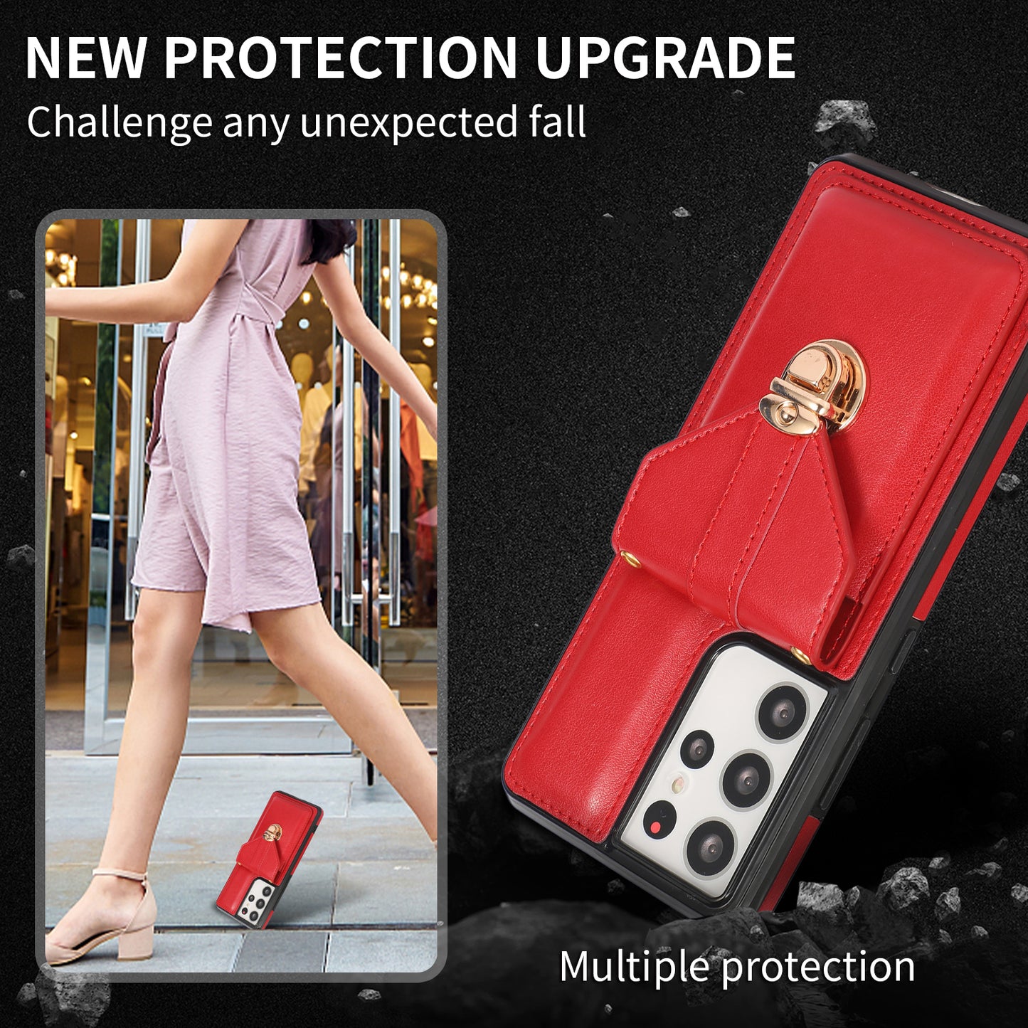 For Samsung Galaxy S21 Ultra 5G Card Holder Kickstand PU Leather+TPU Phone Cover with Shoulder Strap